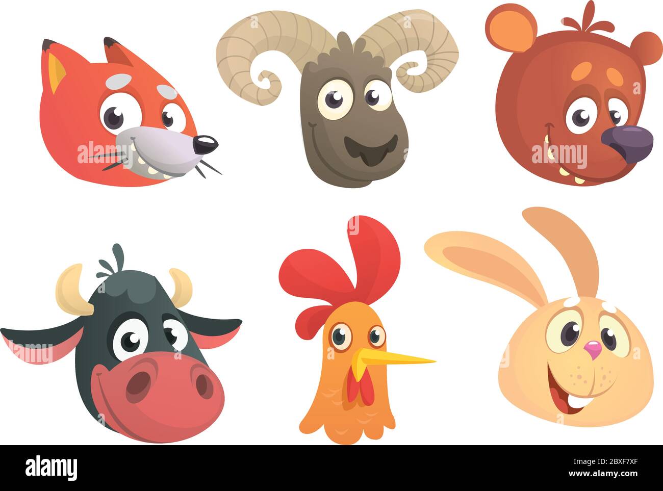 Set Of Cartoon Forest Animals Head Icons Vector Collection Of Forest Wild Animals Characters Fox Sheep Bear Cow Rooster Or Chicken Rabbit Des Stock Vector Image Art Alamy