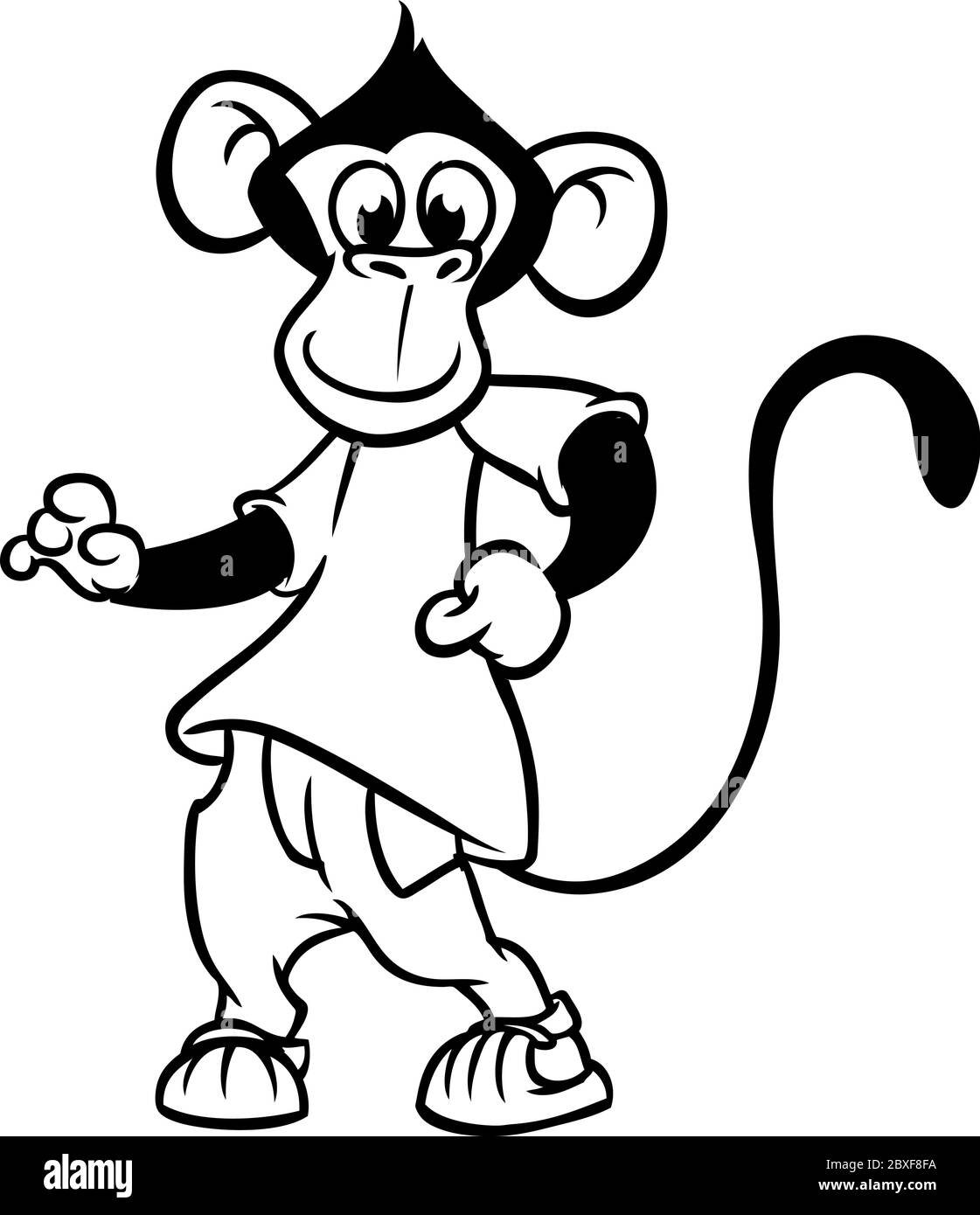 Cartoon monkey chimpanzee dancing. Vector illustration outlined. Design for coloring book Stock Vector