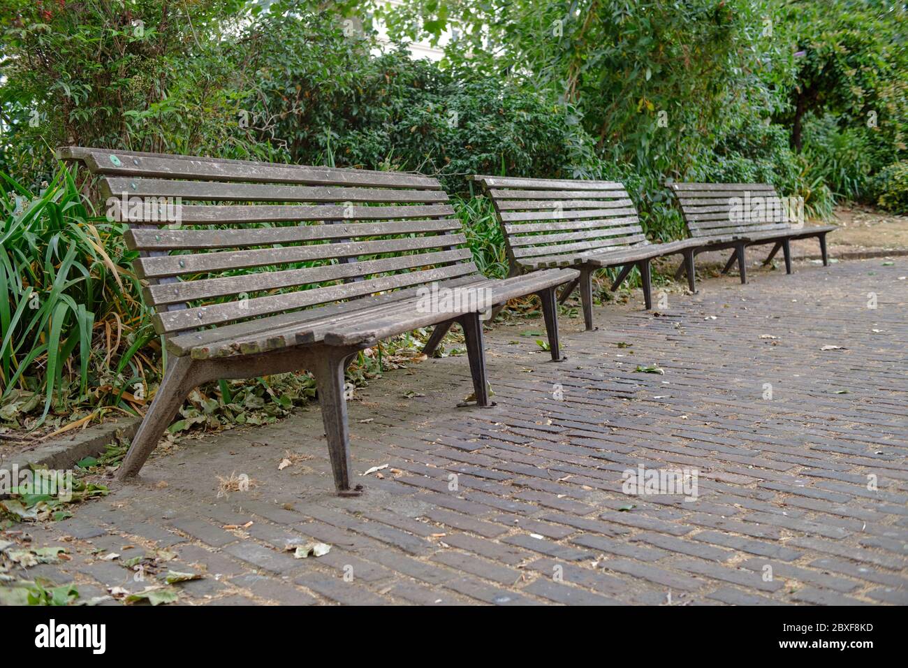 Three empty benches during Coronavirus lockdown in a London park Stock ...
