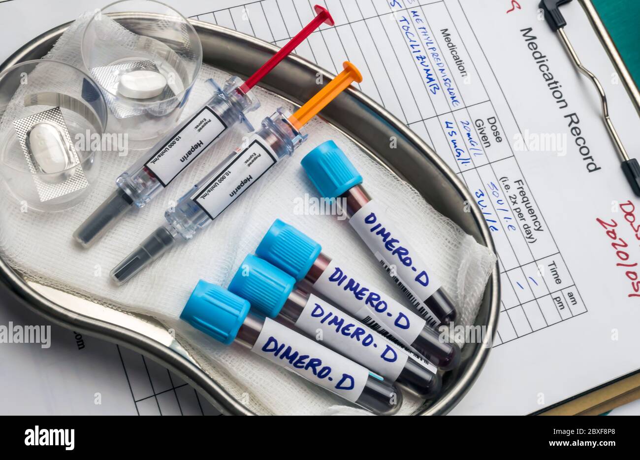 heparin medication for covid-19 patients with elevated blood dimero-D, conceptual image, unbranded generic drug containers Stock Photo