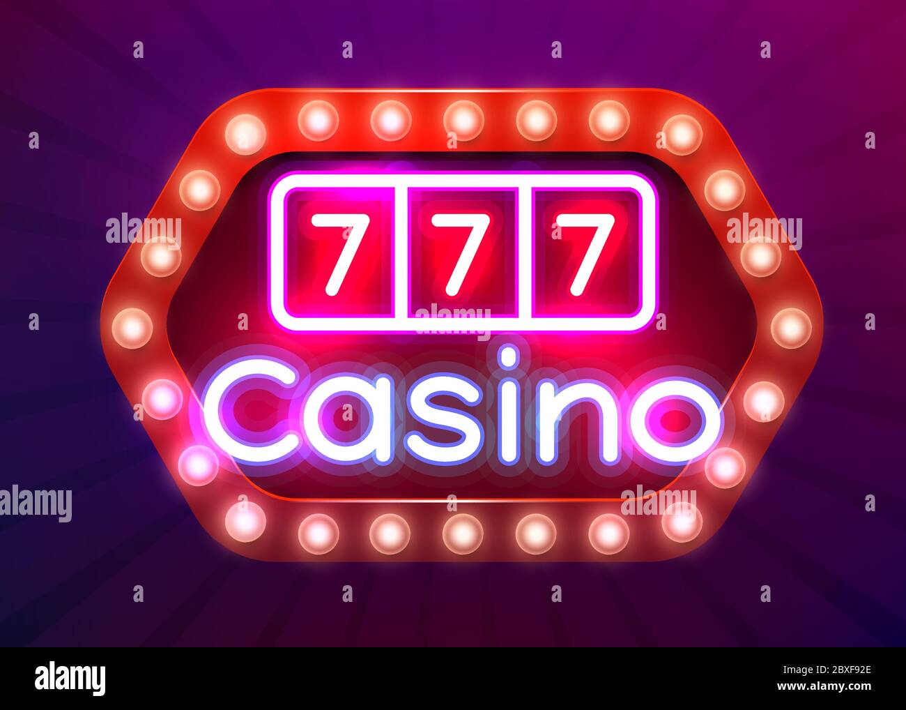 Neon 777 Casino slots sign. Casino neon signboard. Online casino concept. Vector illustration Stock Vector