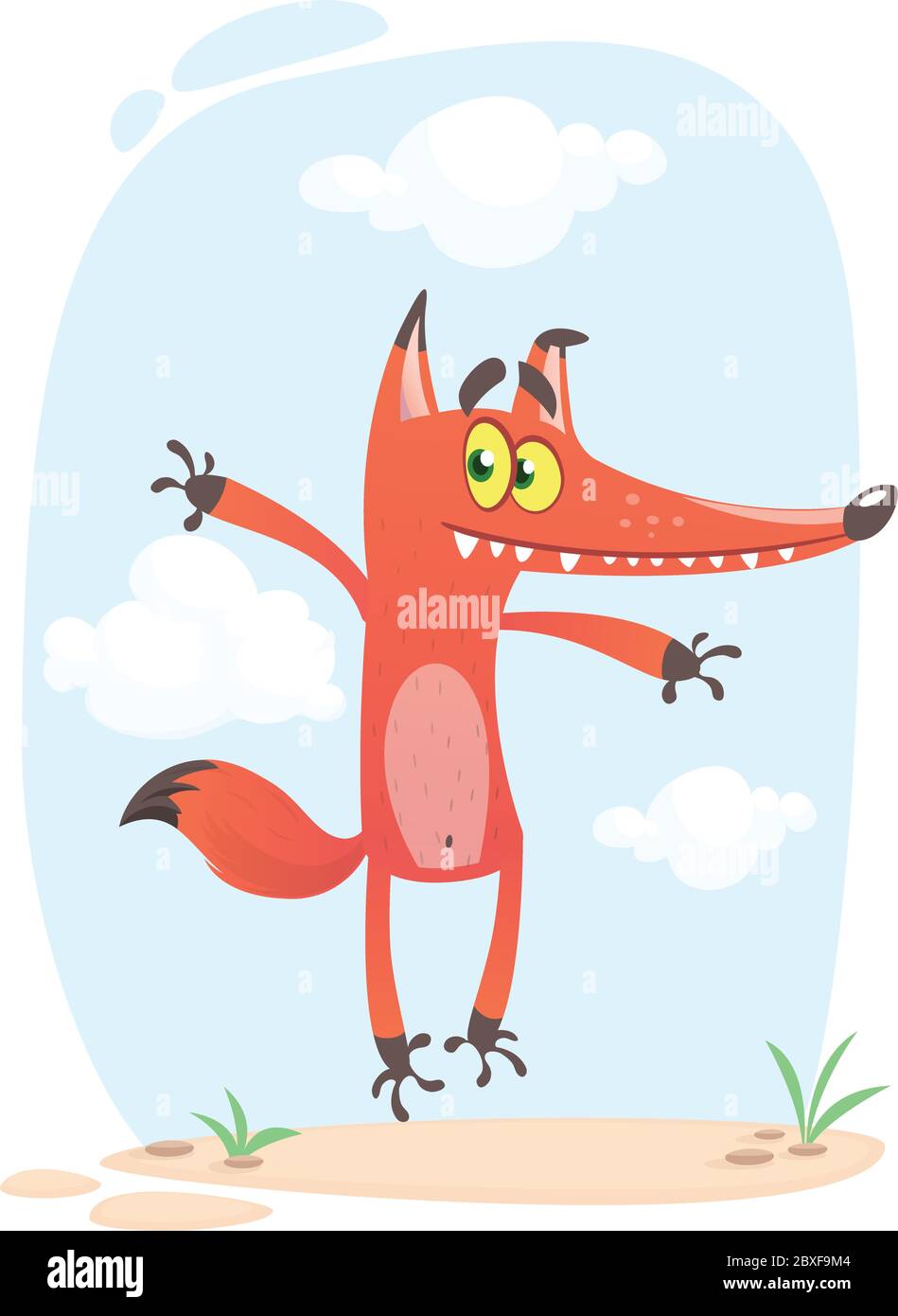 Cartoon funny fox. Vector illustration isolated on meadow background with the sky and clouds Stock Vector