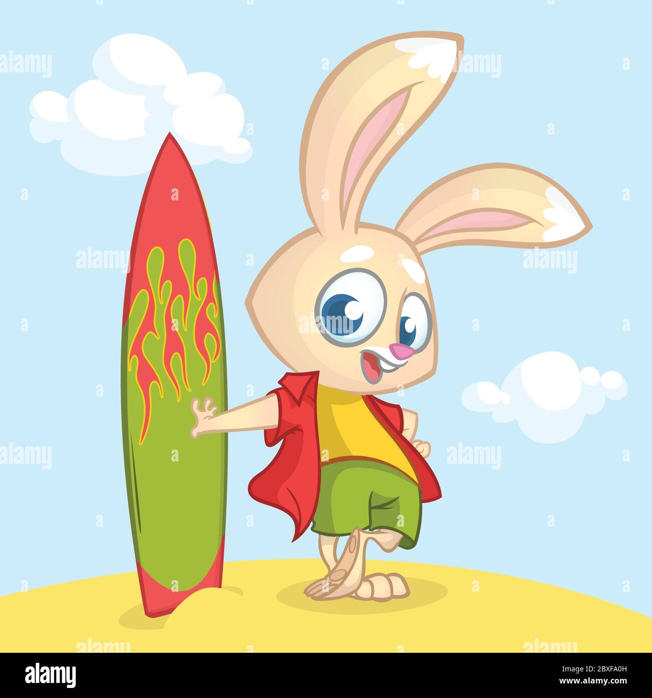 Cartoon summer holiday background with rabbit surfer. Vector ...