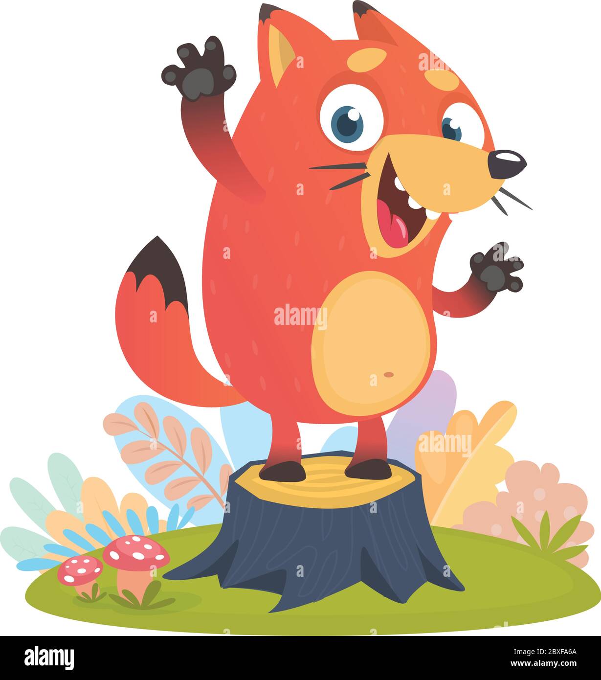 Cartoon cool little fox standing and waving on tree stump in summer season background with flower and mushrooms. Vector illustration isolated Stock Vector