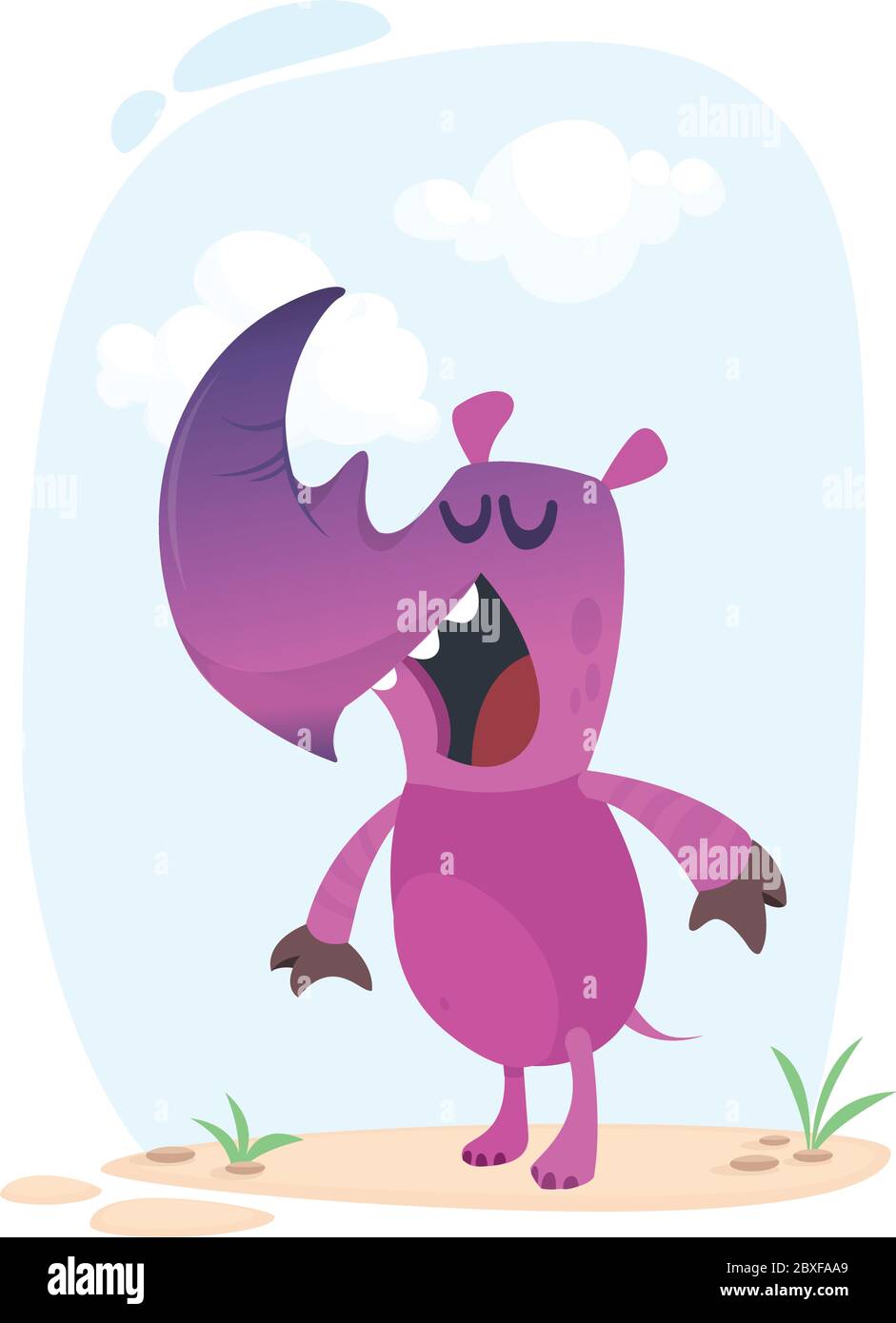 Cute cartoon rhino character singing. Vector Illustration mascot Stock Vector