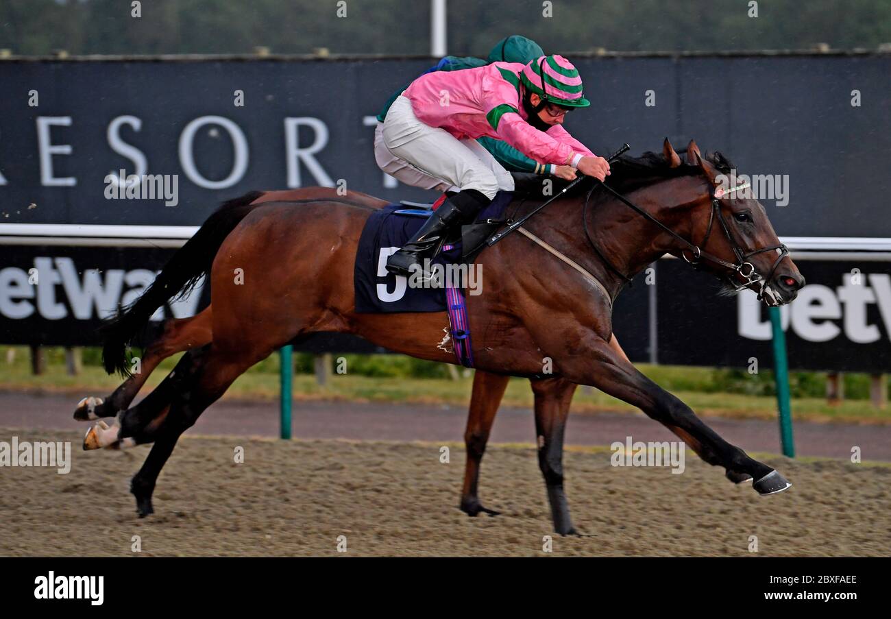 Billhilly ridden by Charlie Bishop wins the Betyourway at Betway Handicap at Lingfield Racecourse. Stock Photo