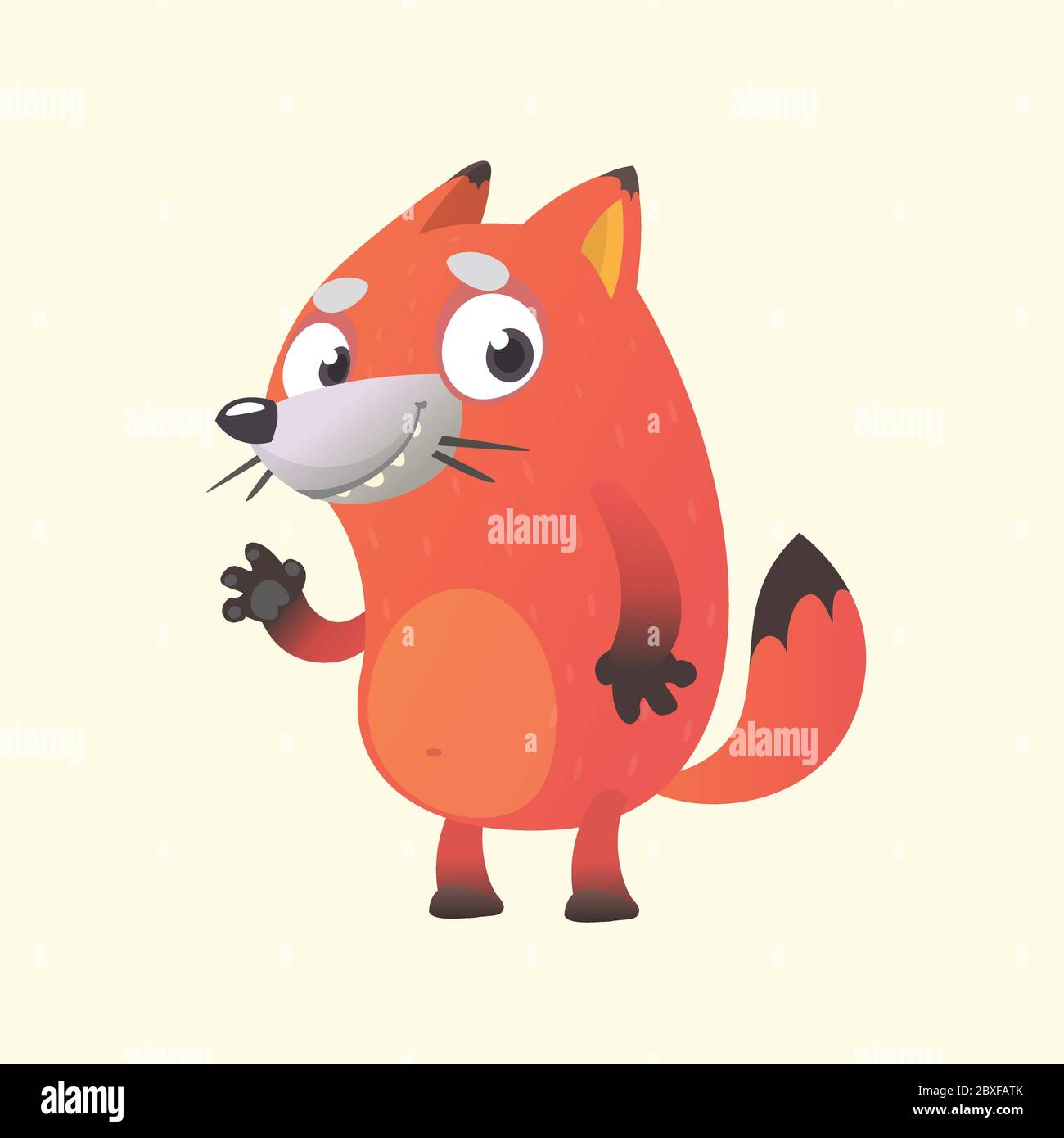 Cute cartoon fox mascot character. Vector illustration of an orange fox waving hand. Isolated on white. Character for children books, sticker, print o Stock Vector