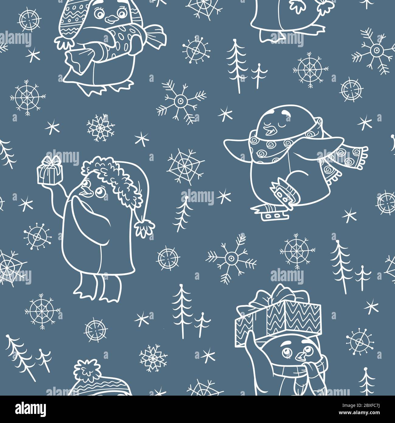 Vector seamless pattern with Christmas penguins on dark background Stock Vector