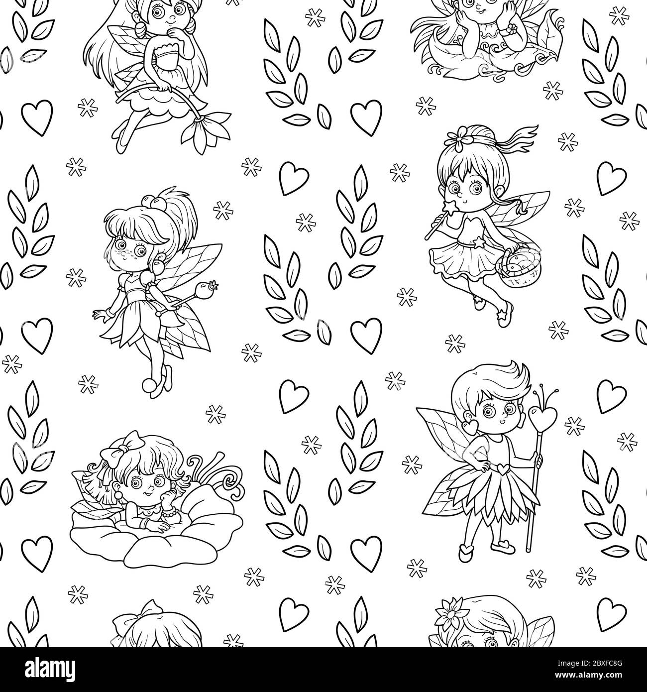 Vector black and white seamless pattern with little fairies on white ...