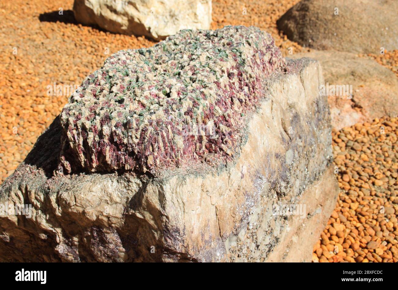 A huge stone with magical beautiful pink and white quartz crystals ...