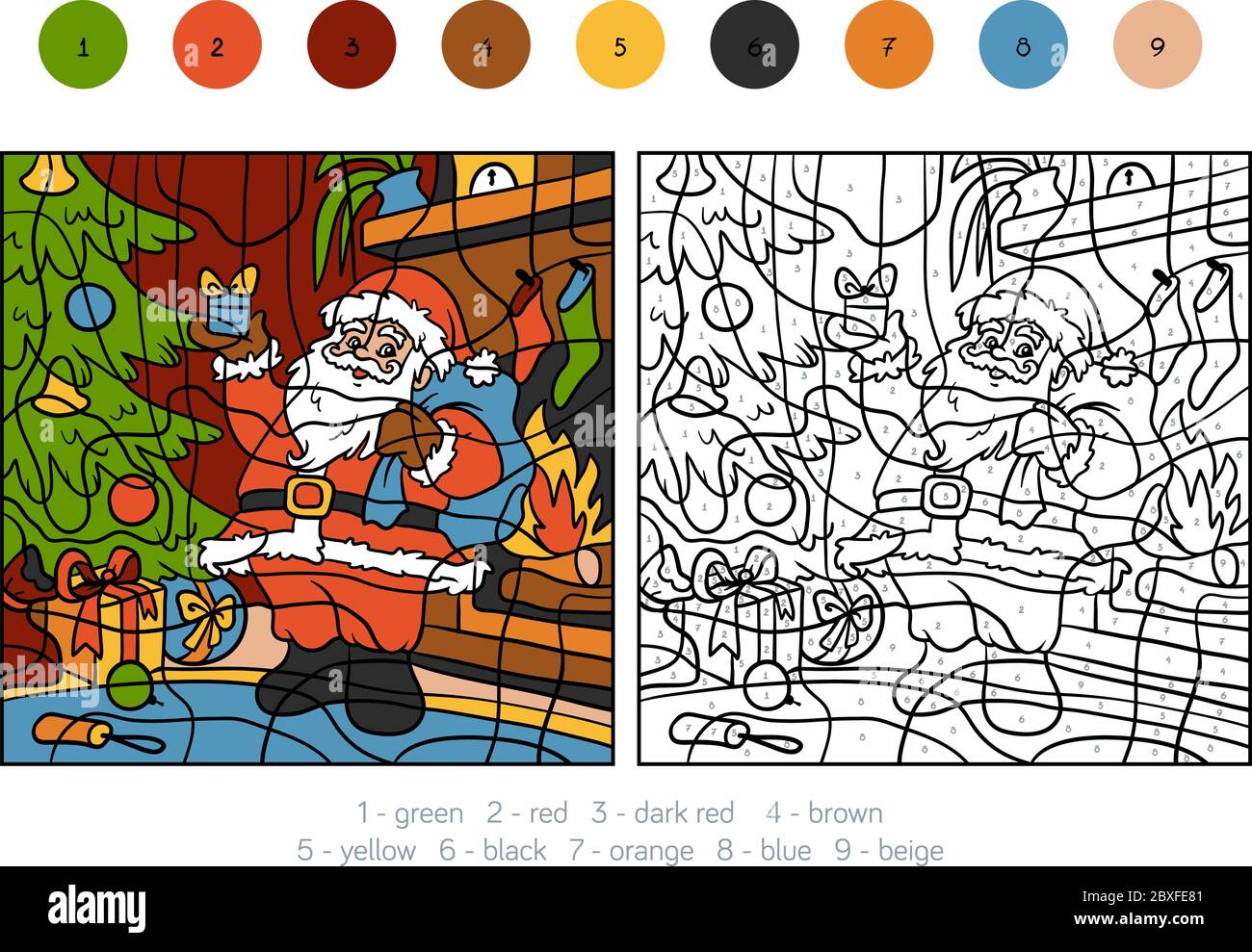 Color by numbers, education game for children, Santa Claus and gift