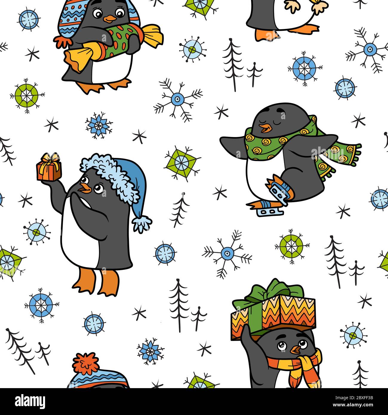 Vector seamless pattern with Christmas penguins on white background Stock Vector