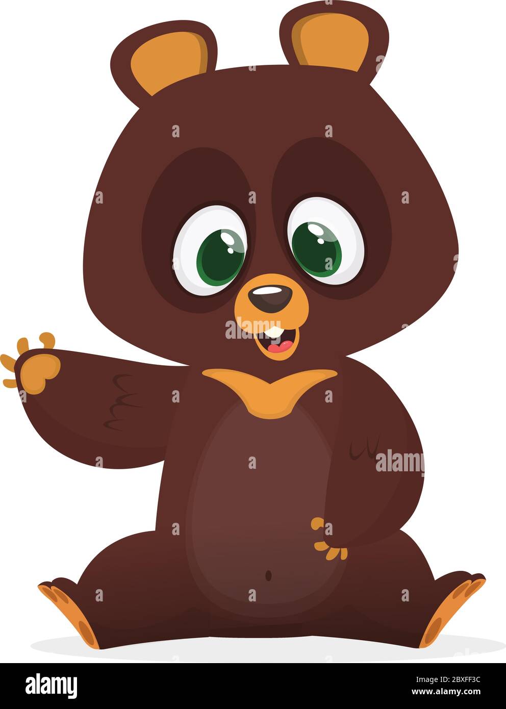 Cartoon funny bear character with big eyes waving hand. Vector