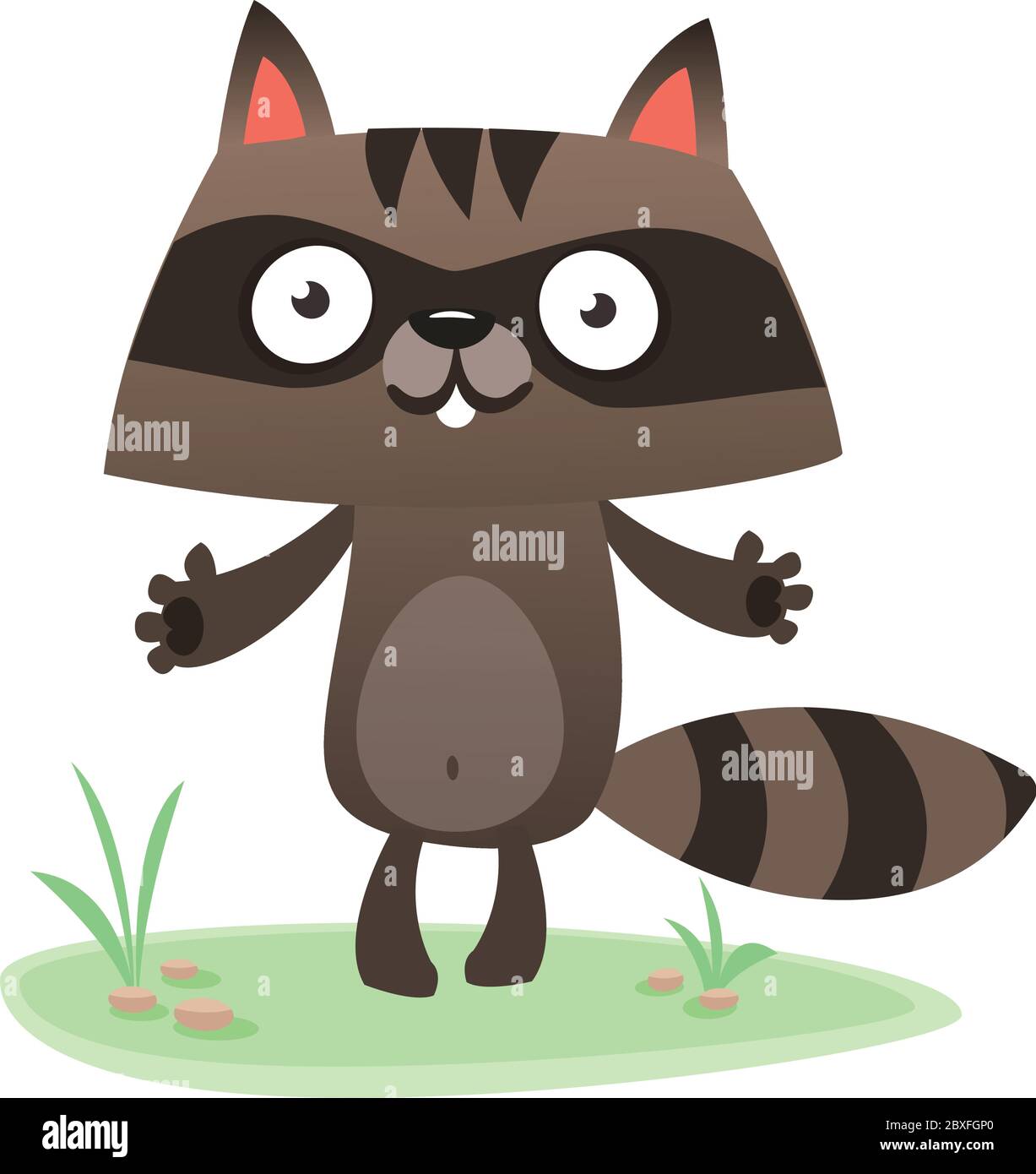 Funny excited cartoon raccoon standing on meadow background. Vector ...