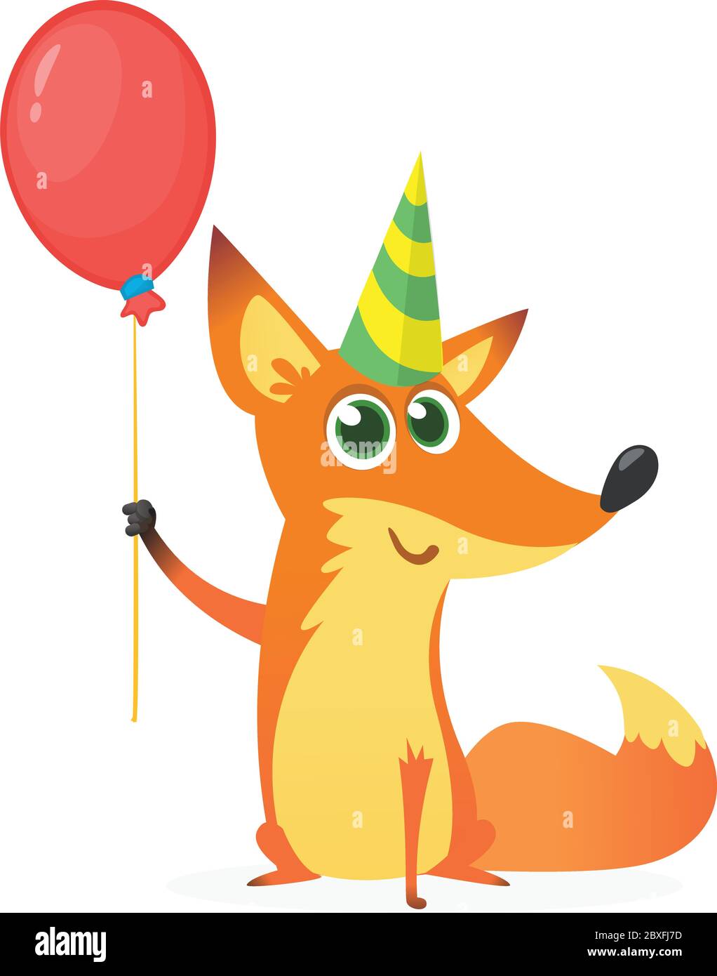 Cute cartoon fox holding red balloon and party hat. Vector illustration