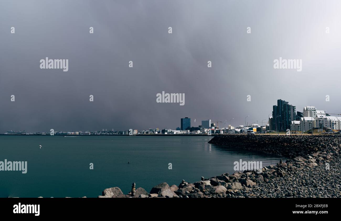 Multi-storey modern high-rise buildings on the waterfront in Reykjavik ...