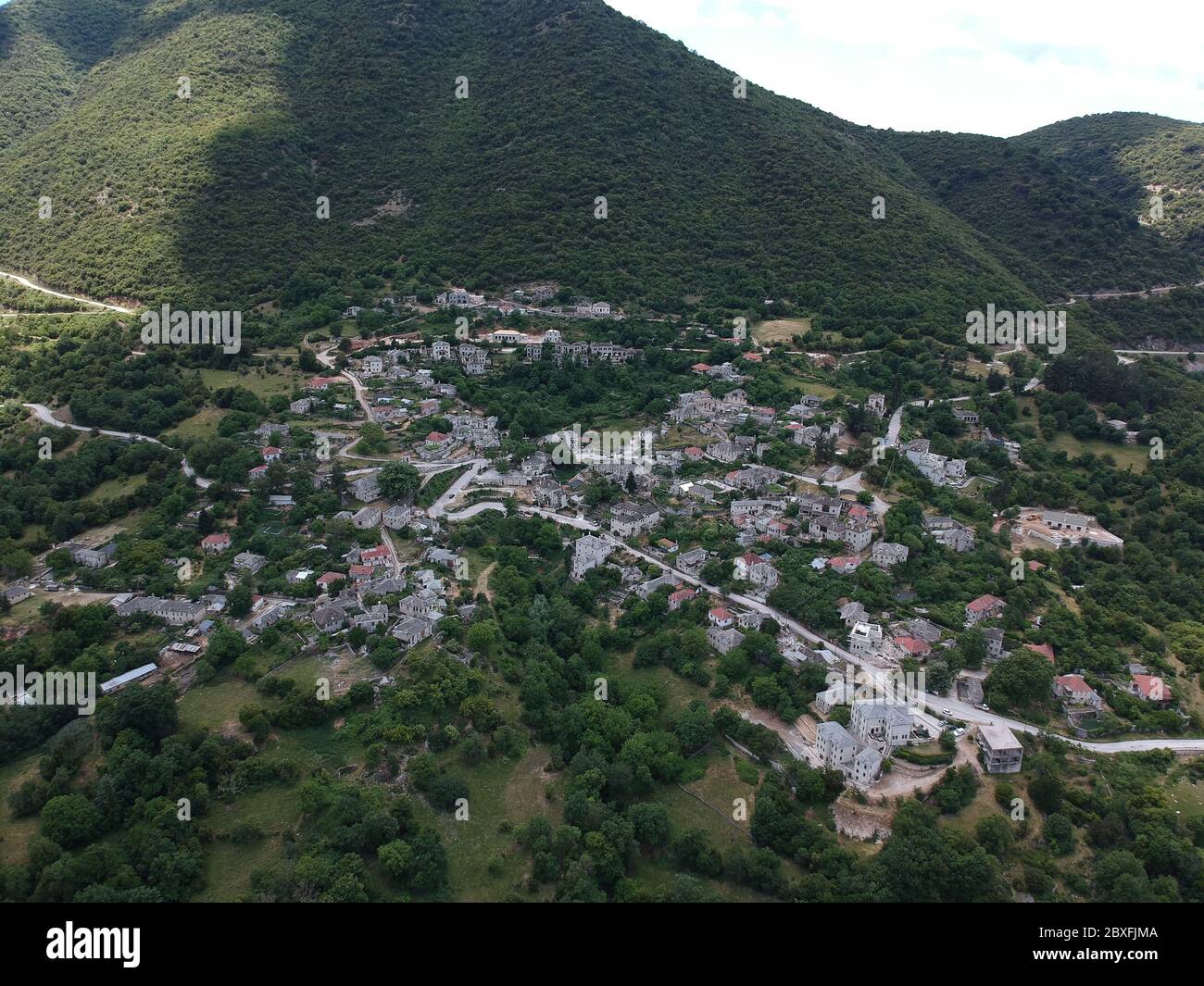aerial view aristi greek traditional village of ioannina city in zagorochoria greece epirus near vikos canyon voidomatis river Stock Photo