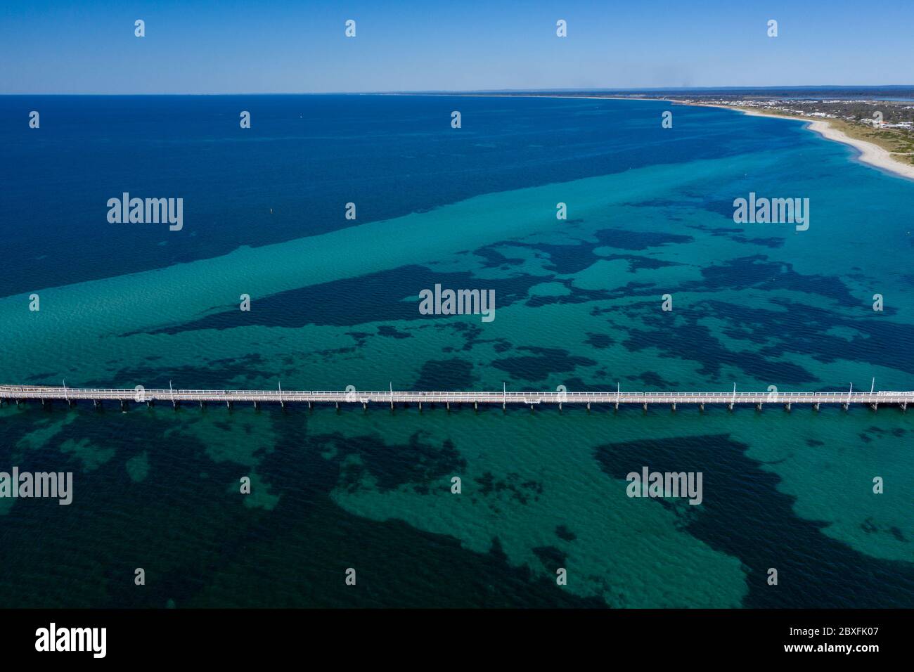 Aerial view of Busselton pier, the worlds longest wooden structure; Busselton is 220km south west of Perth in Western Australia Stock Photo