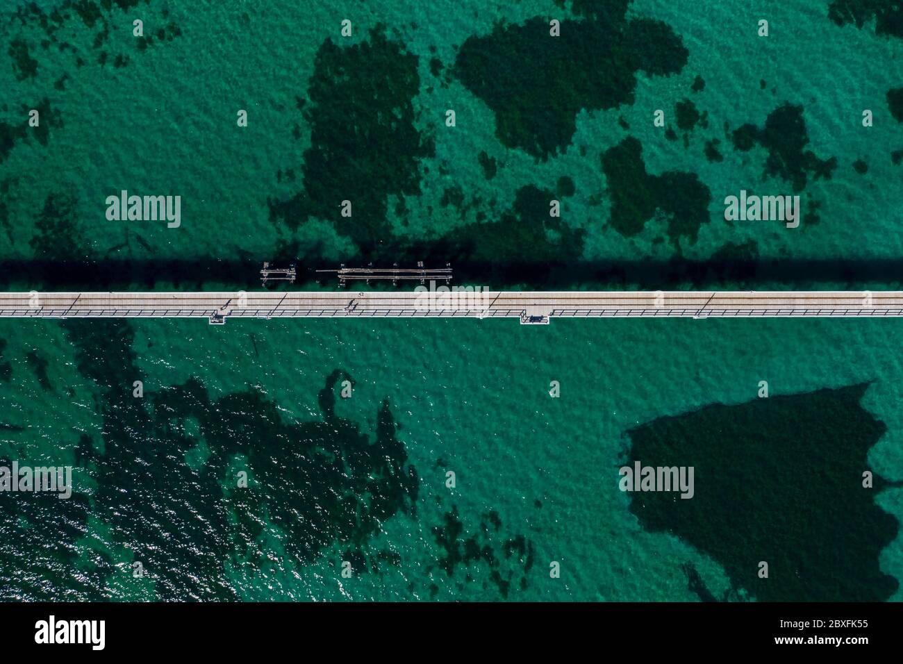 Overhead view of Busselton pier, the worlds longest wooden structure; Busselton is 220km south west of Perth in Western Australia Stock Photo