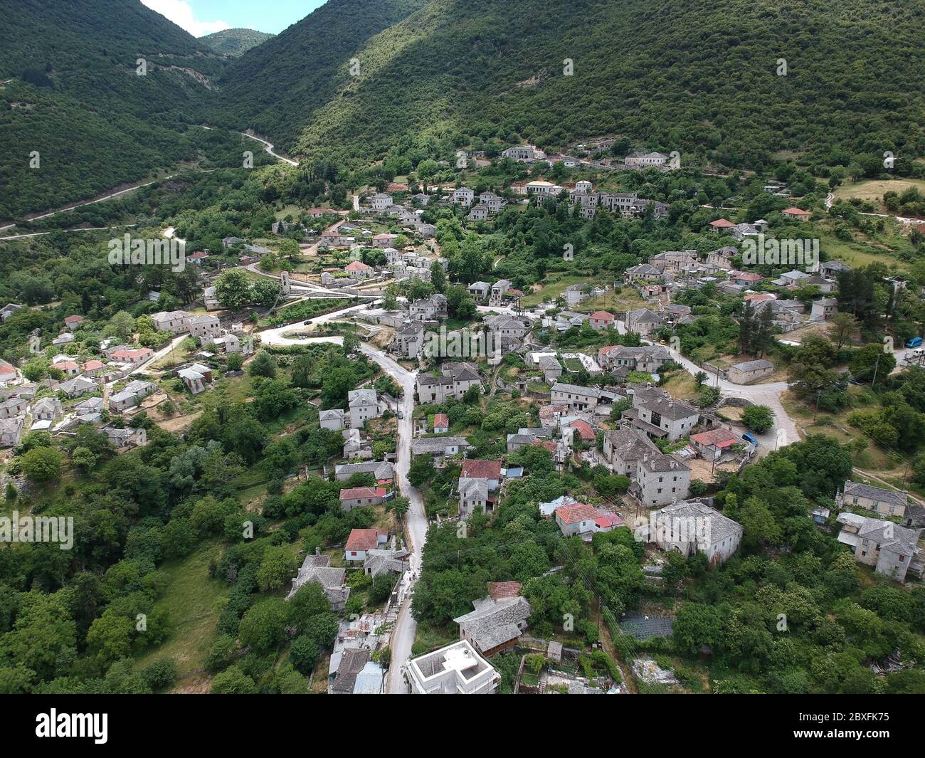 aerial view aristi greek traditional village of ioannina city in zagorochoria greece epirus near vikos canyon voidomatis river Stock Photo