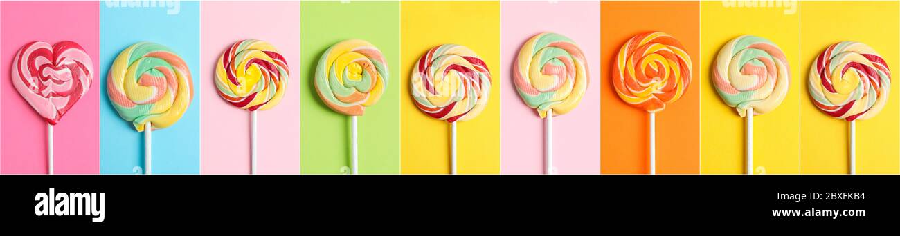 Collage with different lollipops on color backgrounds Stock Photo