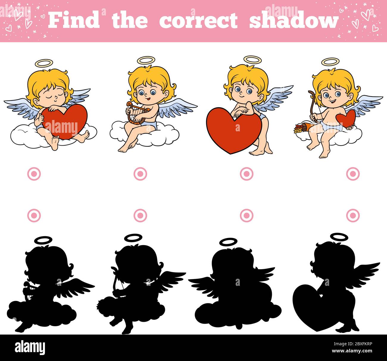Find the correct shadow, education game for children. Valentine's Day character, Angels Stock Vector