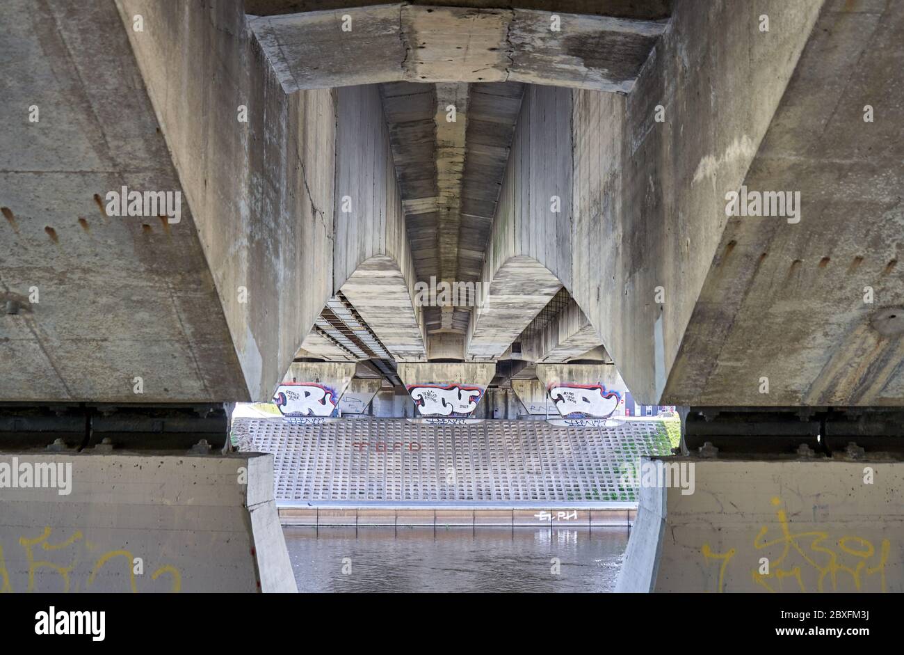 Massive concrete under bridge construction Stock Photo