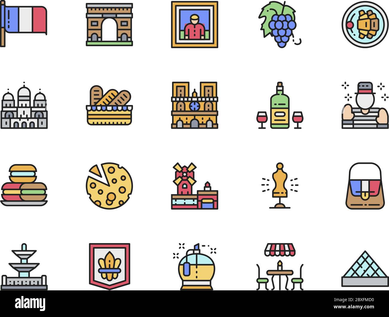 Set of French Culture Flat Color Line Icons. Alcohol, Mime, Macarons and more. Stock Vector