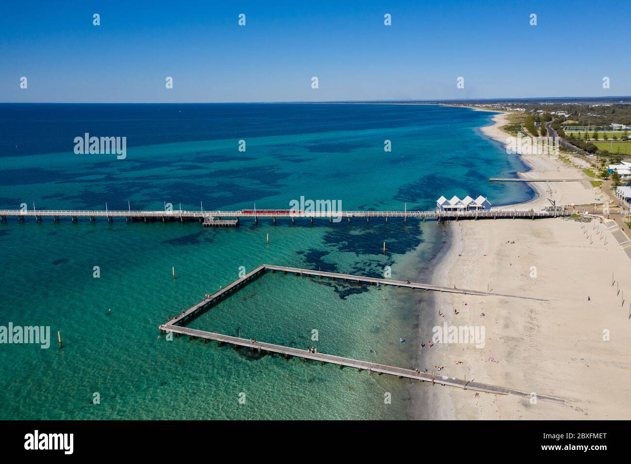 Aerial view of the train on Busselton pier, the worlds longest wooden structure; Busselton is 220km south west of Perth in Western Australia Stock Photo