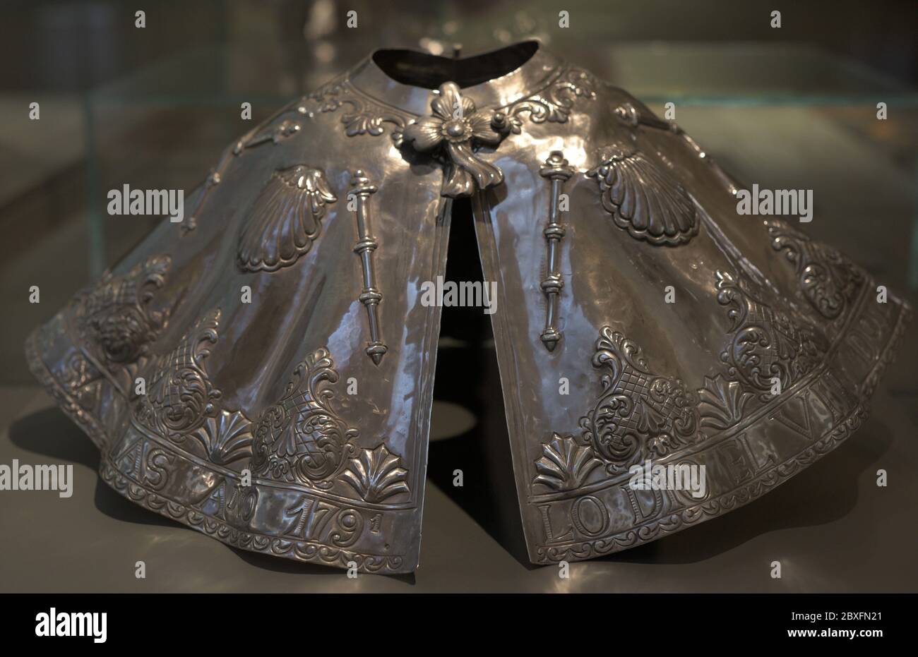 Pellegrina with Jacobean symbols that would serve as clothing for a sculpture. 1791. Possible Cuzco School (Peru). Embossed chiselled silver. Museum of Pilgrimage and Santiago. Santiago de Compostela, Galicia, Spain. Stock Photo