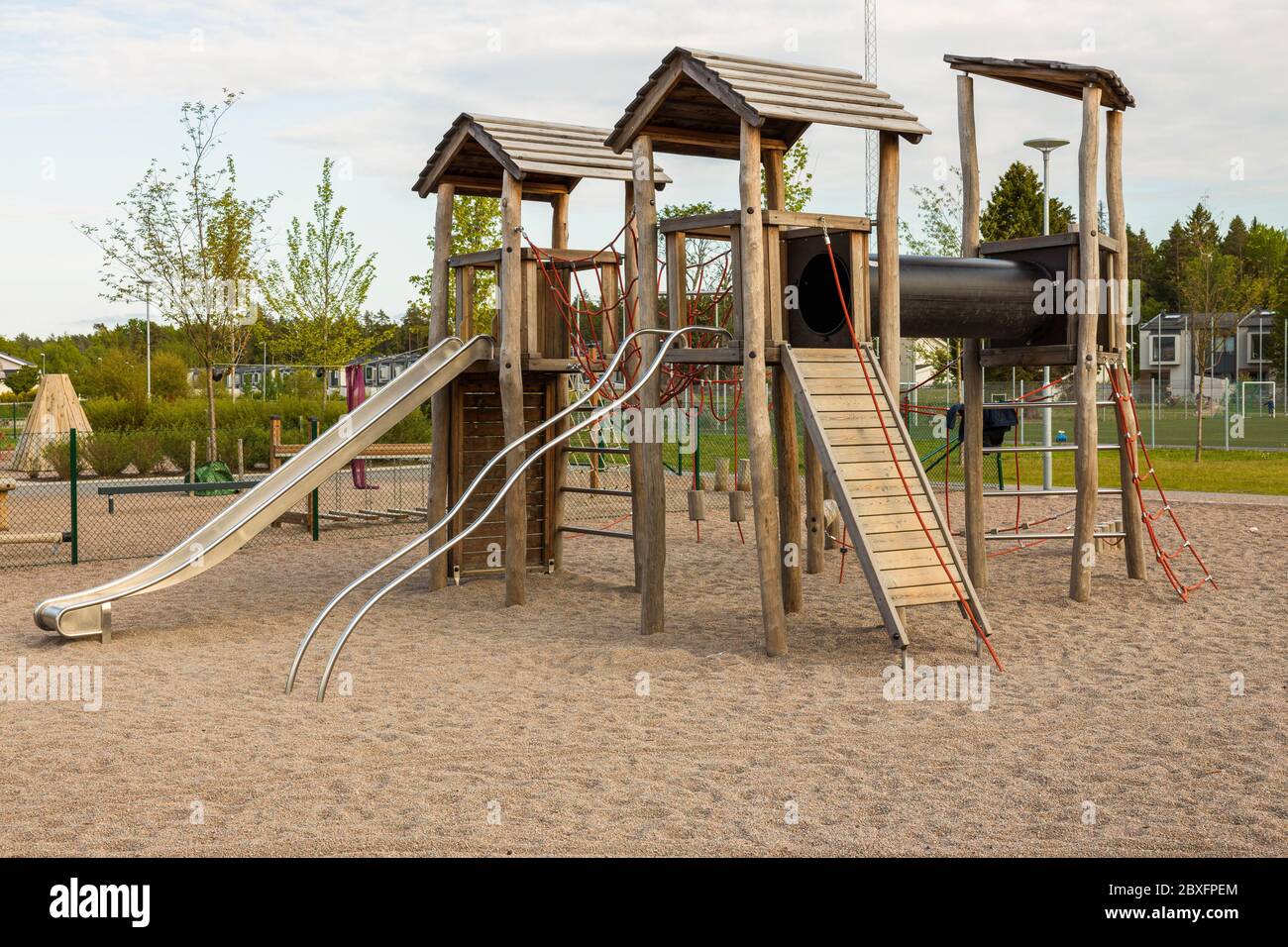 View of school playground on blue sky background. Beautiful landscape