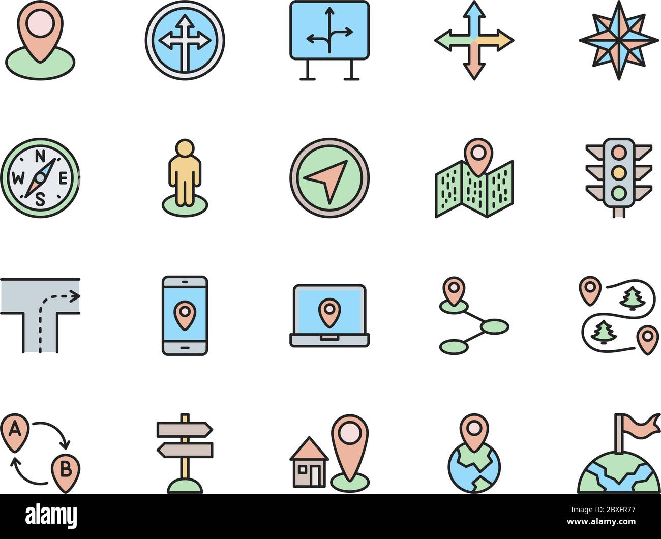 Set of Navigation Color Line Icons. Compass, Location Pin, Wind Rose
