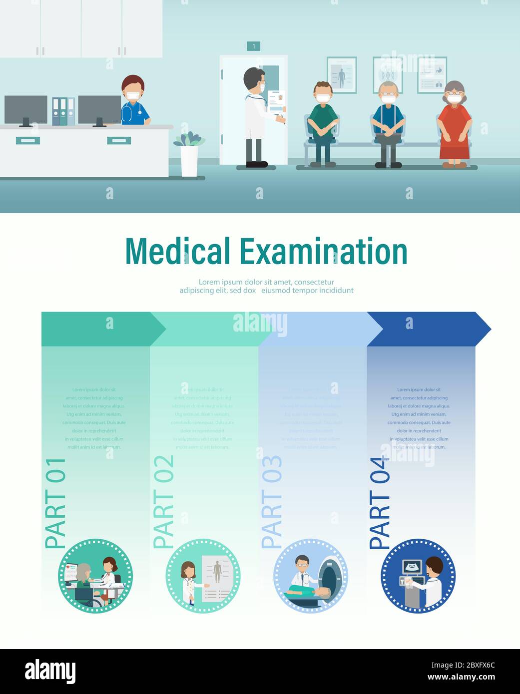 Medical examination infographic with doctors and patients  flat design vector illustration Stock Vector
