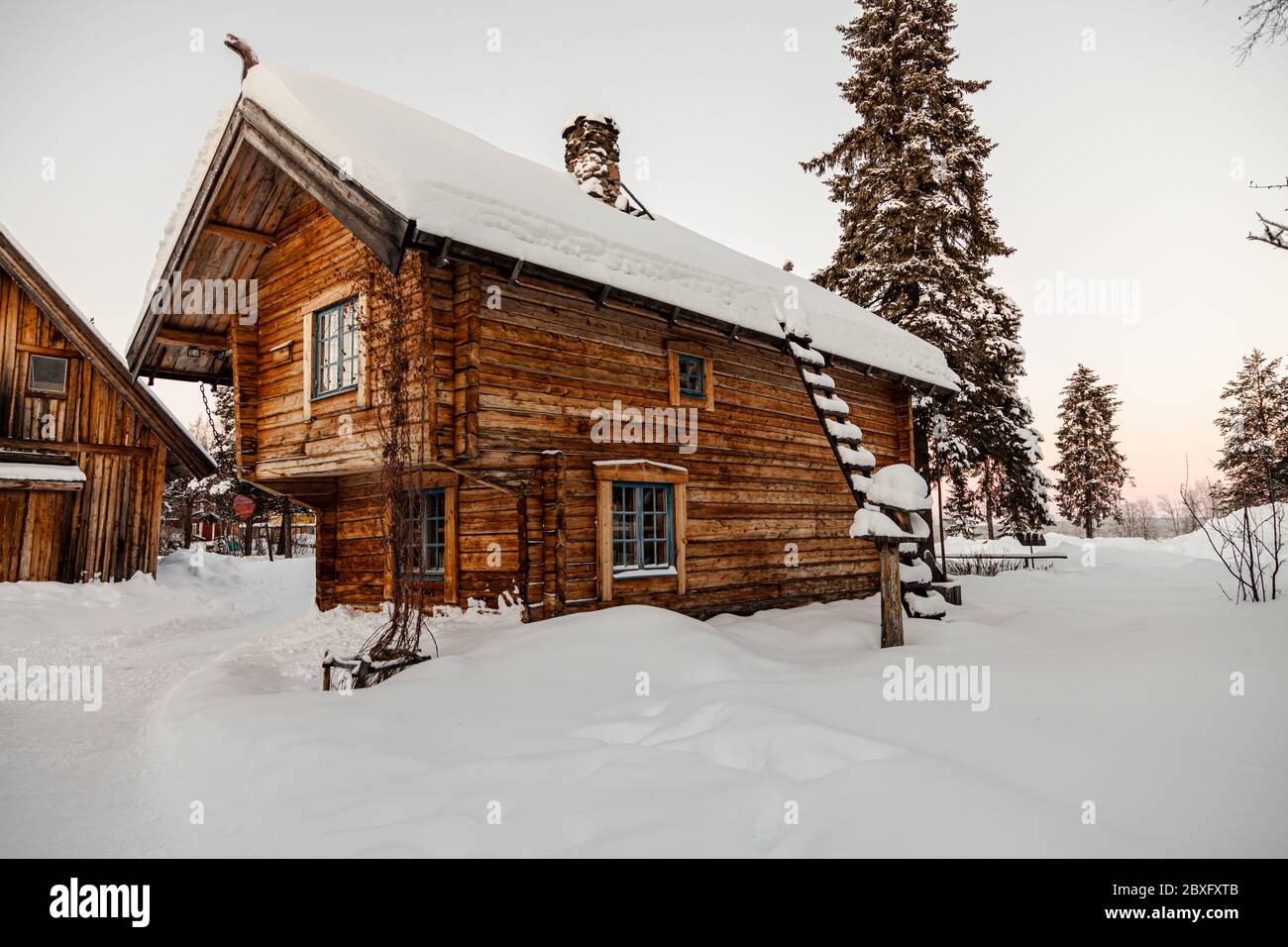 Traditional Swedish log cabins near Kiruna, Sweden, Scandinavia Stock Photo