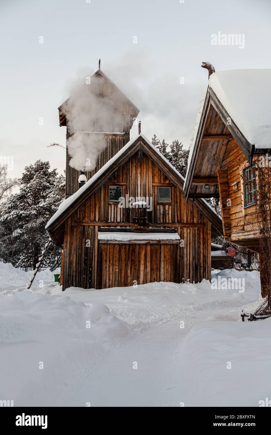 Traditional Swedish log cabins near Kiruna, Sweden, Scandinavia Stock Photo