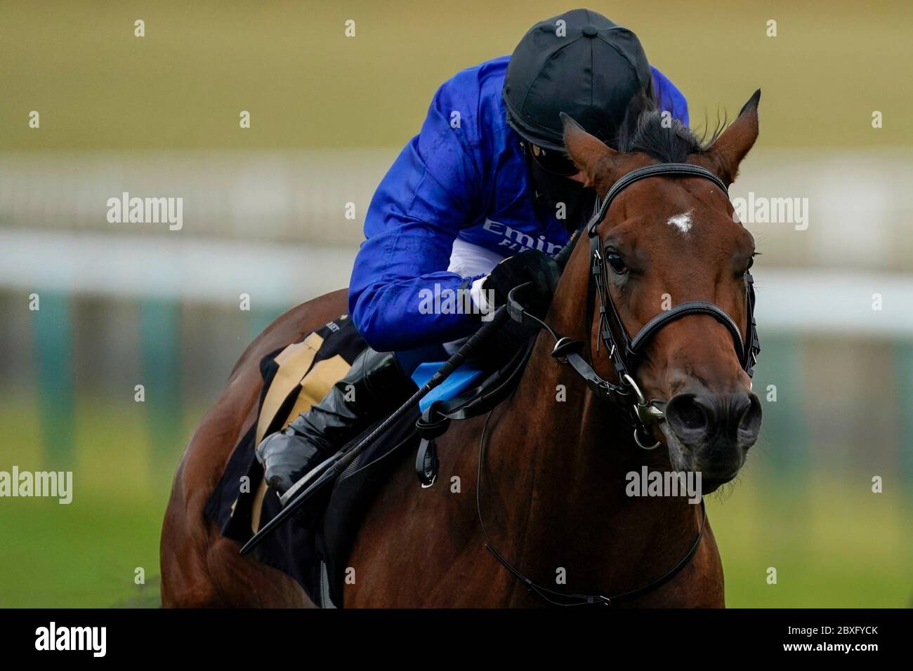 William Buick riding Noble Dynasty in action at Newmarket Racecourse. Stock Photo