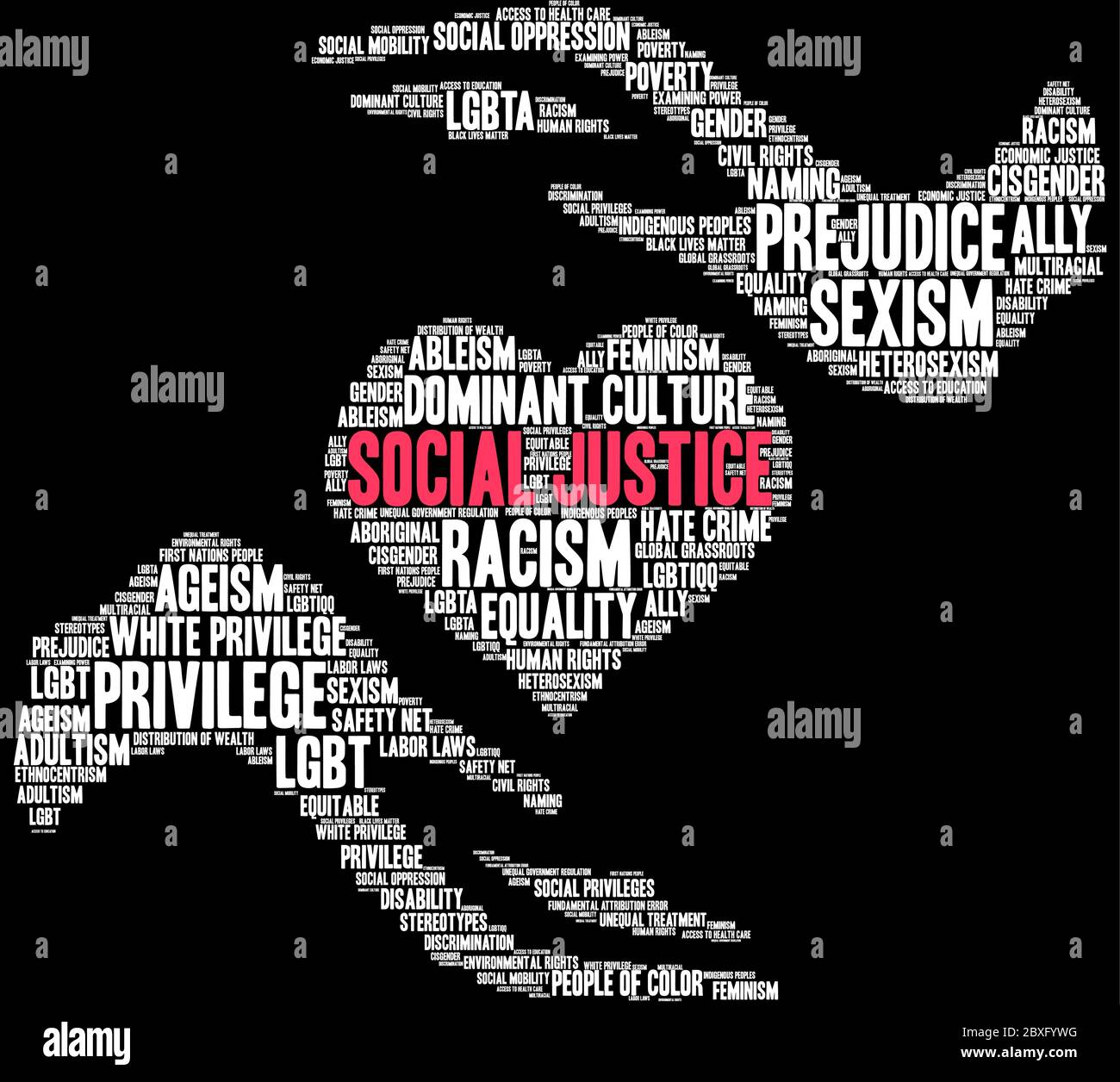 Social Justice word cloud on a black background. Stock Vector