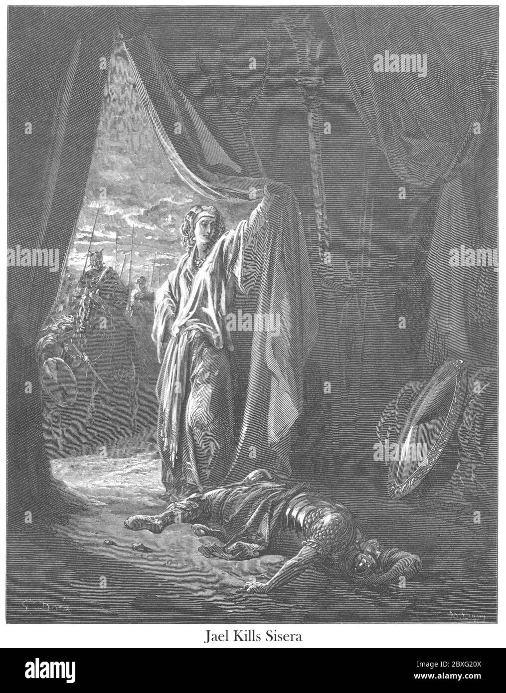 Jael [Yael] Kills Sisera Judges 4:21 From the book 'Bible Gallery' Illustrated by Gustave Dore with Memoir of Dore and Descriptive Letter-press by Talbot W. Chambers D.D. Published by Cassell & Company Limited in London and simultaneously by Mame in Tours, France in 1866 Stock Photo