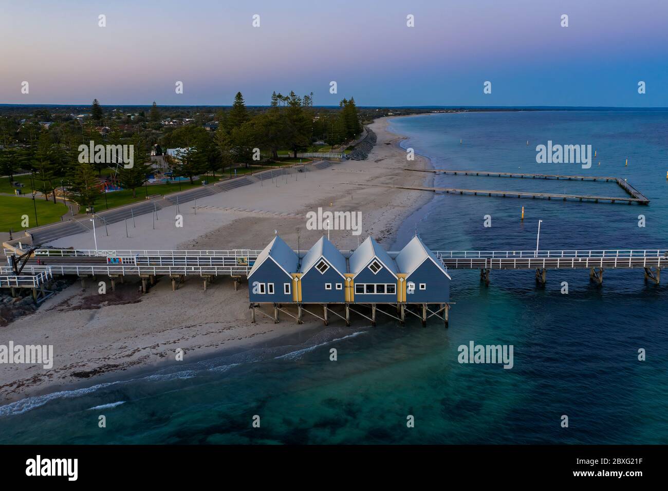 Busselton Western Australia November 8th 2019 : Aerial view of the huts at the start of the Busselton Jetty at dawn; Busselton is located 220 km spout Stock Photo