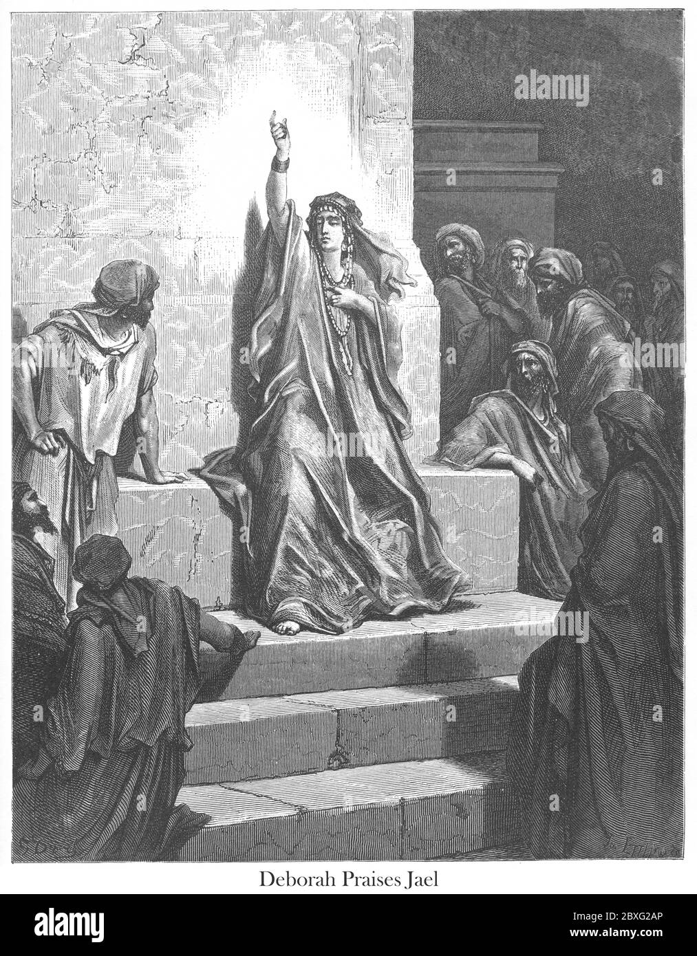 Deborah praises Jael [Judges 5:7-9] From the book 'Bible Gallery' Illustrated by Gustave Dore with Memoir of Dore and Descriptive Letter-press by Talbot W. Chambers D.D. Published by Cassell & Company Limited in London and simultaneously by Mame in Tours, France in 1866 Stock Photo