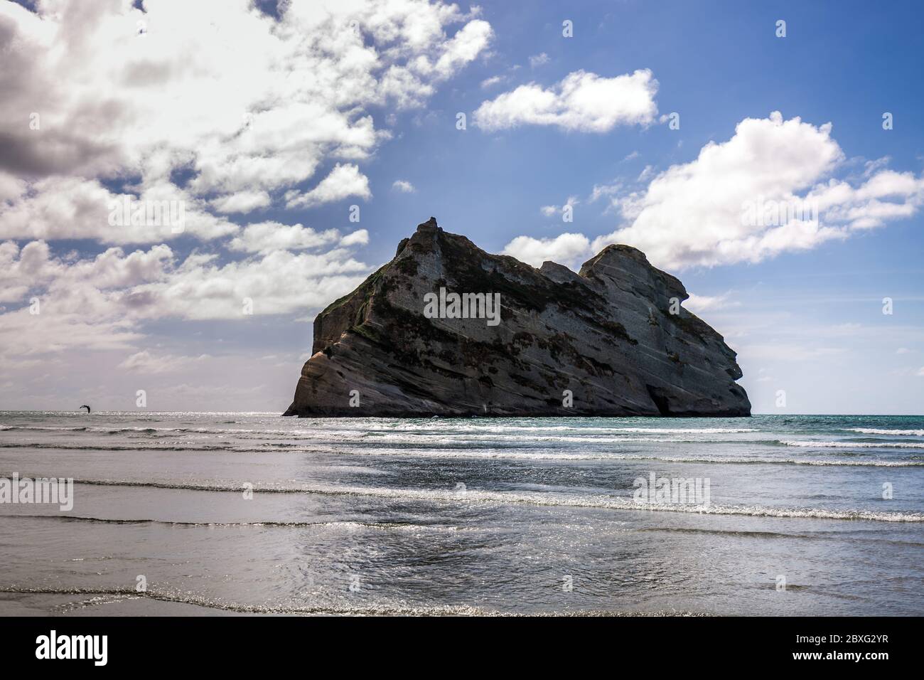 Famous rock formations on the Wharariki beach in National Park. Nelson, South Island, New Zealand. Stock Photo