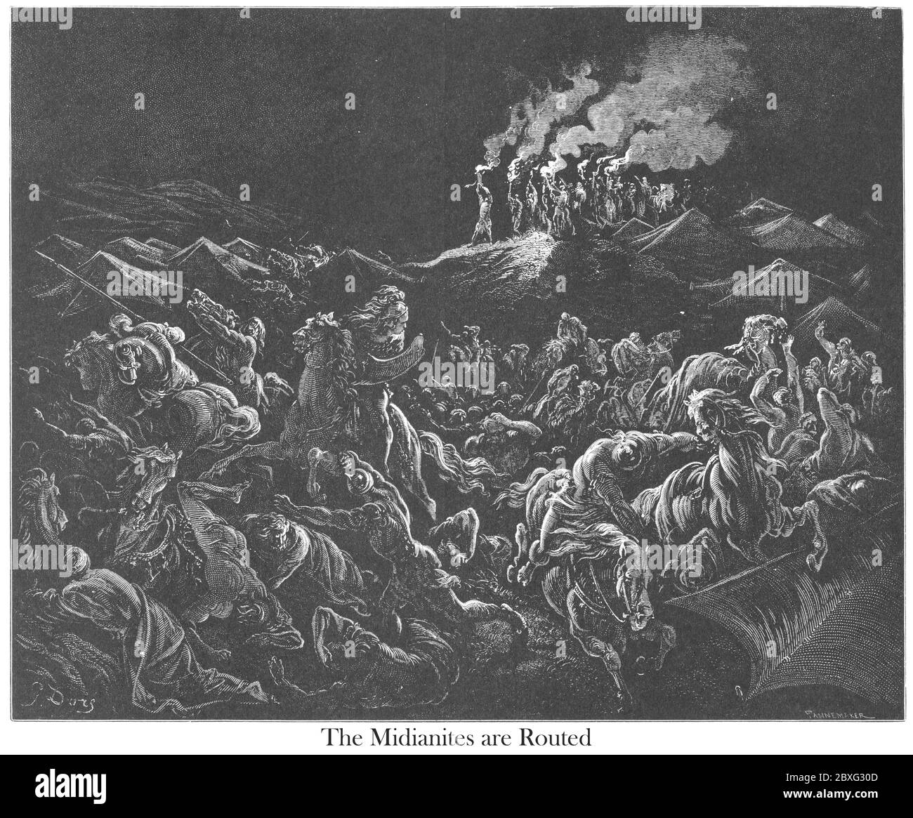 The Midianites are Routed [The Midianites Put to Flight] Judges 7:22-23 From the book 'Bible Gallery' Illustrated by Gustave Dore with Memoir of Dore and Descriptive Letter-press by Talbot W. Chambers D.D. Published by Cassell & Company Limited in London and simultaneously by Mame in Tours, France in 1866 Stock Photo