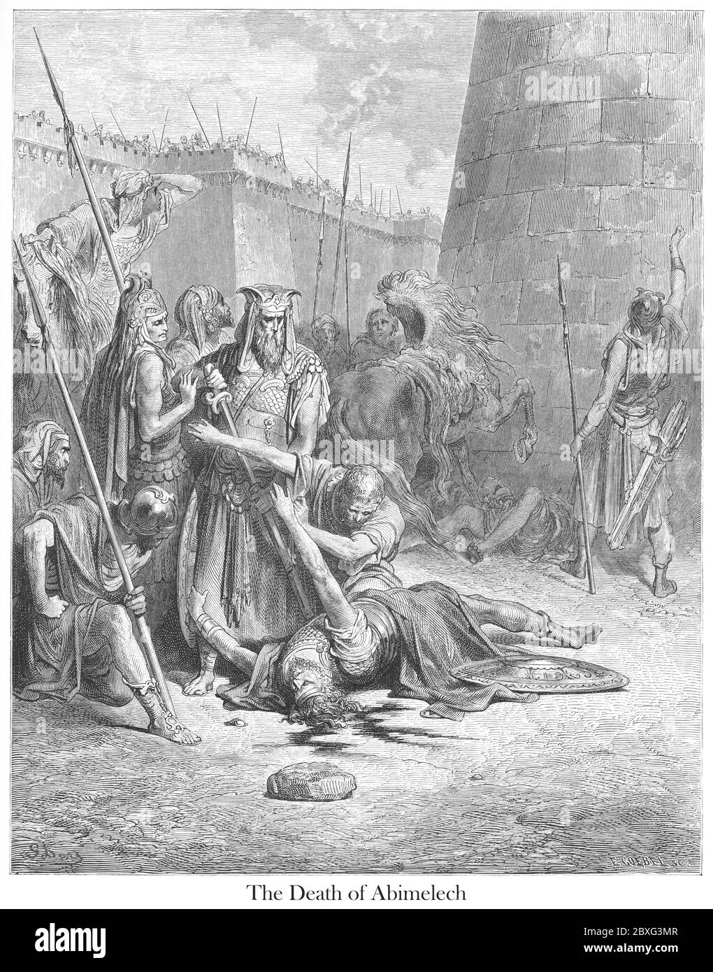 Death of Abimelech [King of Shechem] Judges 9:52-53 From the book 'Bible Gallery' Illustrated by Gustave Dore with Memoir of Dore and Descriptive Letter-press by Talbot W. Chambers D.D. Published by Cassell & Company Limited in London and simultaneously by Mame in Tours, France in 1866 Stock Photo