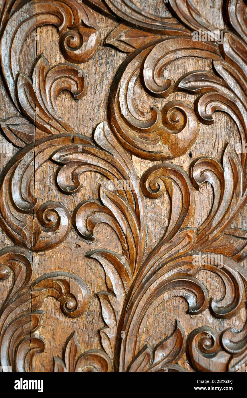 Texture of carved wood in the interior. Stock Photo