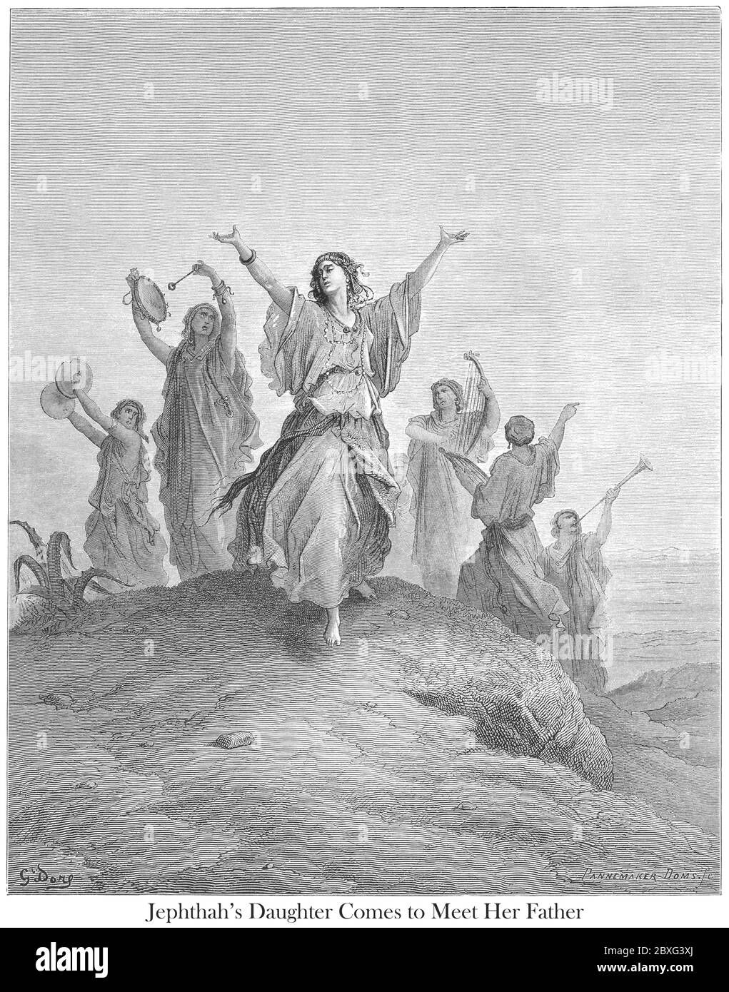 Jephthah's Daughter Coming to Meet Her Father Judges 11:34 From the book 'Bible Gallery' Illustrated by Gustave Dore with Memoir of Dore and Descriptive Letter-press by Talbot W. Chambers D.D. Published by Cassell & Company Limited in London and simultaneously by Mame in Tours, France in 1866 Stock Photo