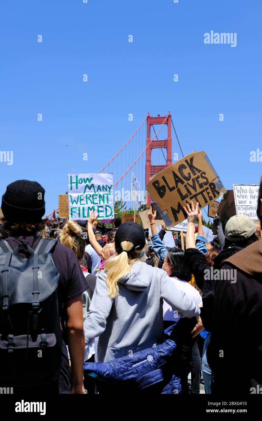 Black Lives Matter march across Golden Gate Bridge in San Francisco ...