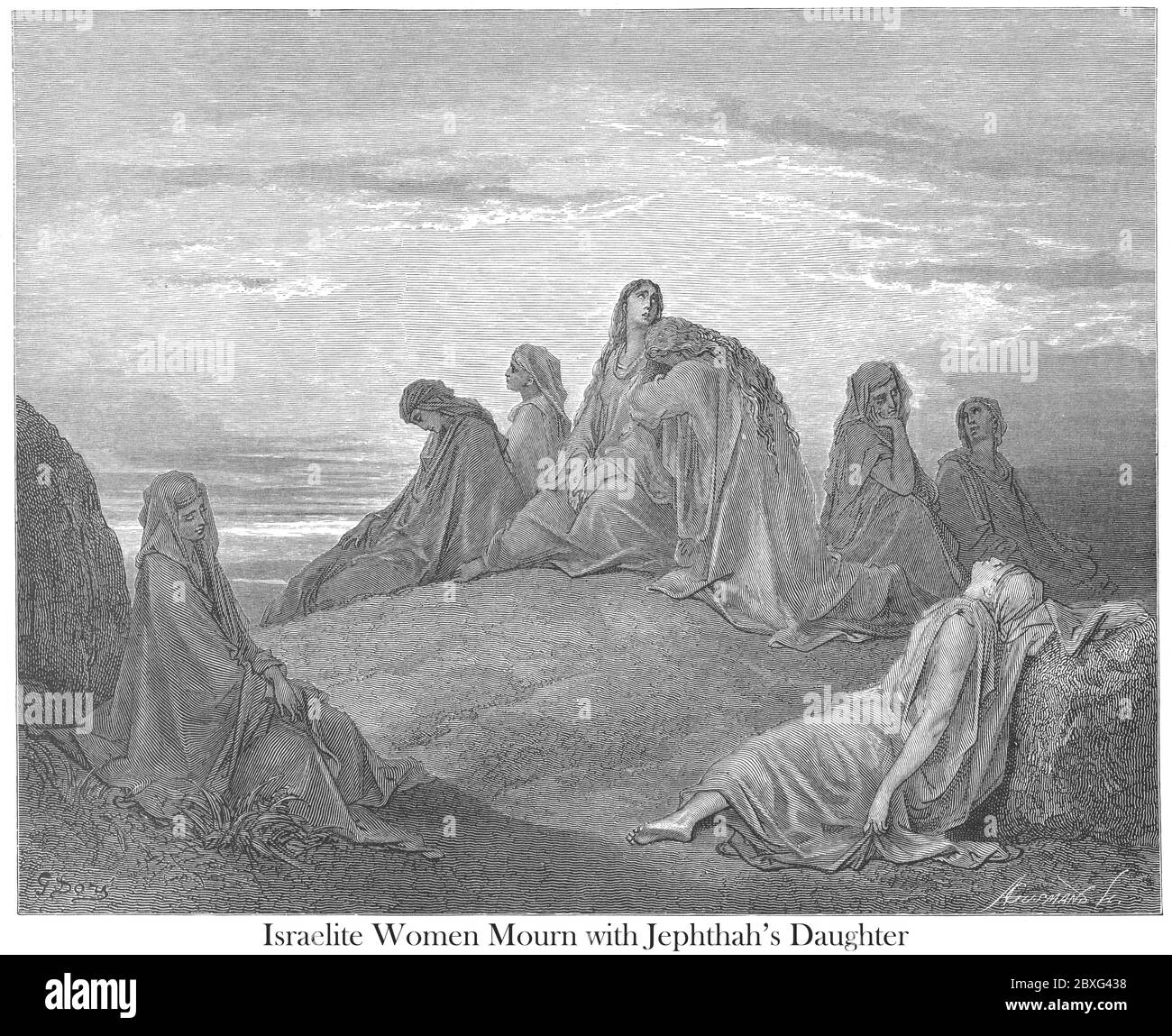 The Daughters of Israel Lamenting the Daughter of Jephthah From the book 'Bible Gallery' Illustrated by Gustave Dore with Memoir of Dore and Descriptive Letter-press by Talbot W. Chambers D.D. Published by Cassell & Company Limited in London and simultaneously by Mame in Tours, France in 1866 Stock Photo