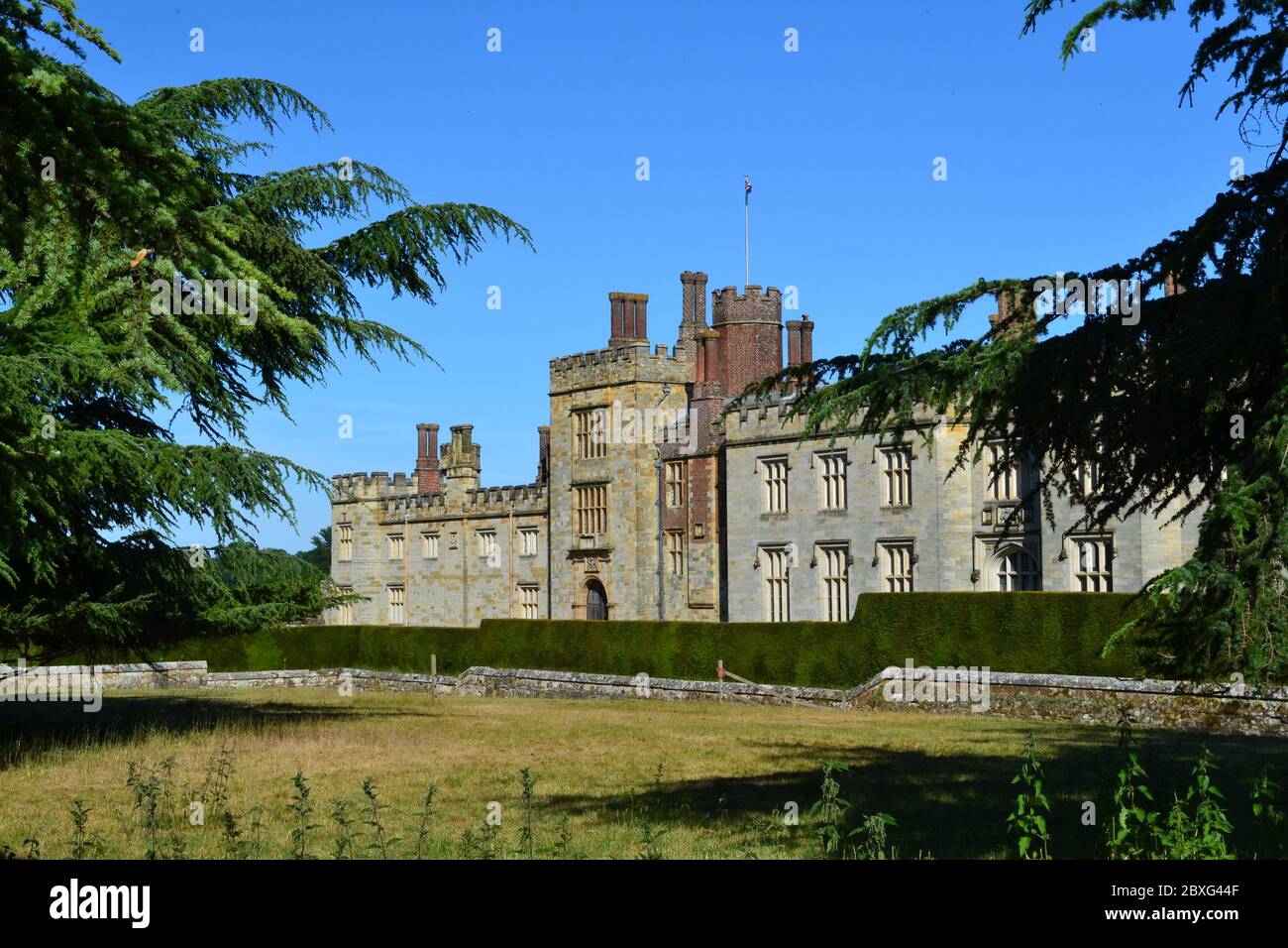 The front of Penshurst Place on a cloudless day in late May, Kent