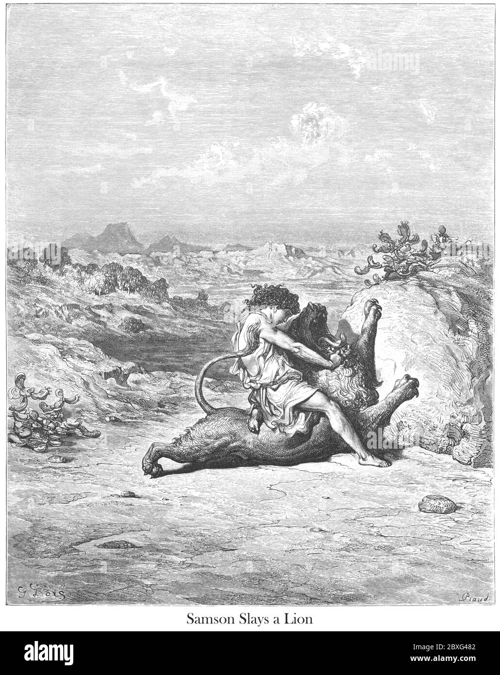 Samson Slaying a Lion Judges 14:5-6 From the book 'Bible Gallery' Illustrated by Gustave Dore with Memoir of Dore and Descriptive Letter-press by Talbot W. Chambers D.D. Published by Cassell & Company Limited in London and simultaneously by Mame in Tours, France in 1866 Stock Photo