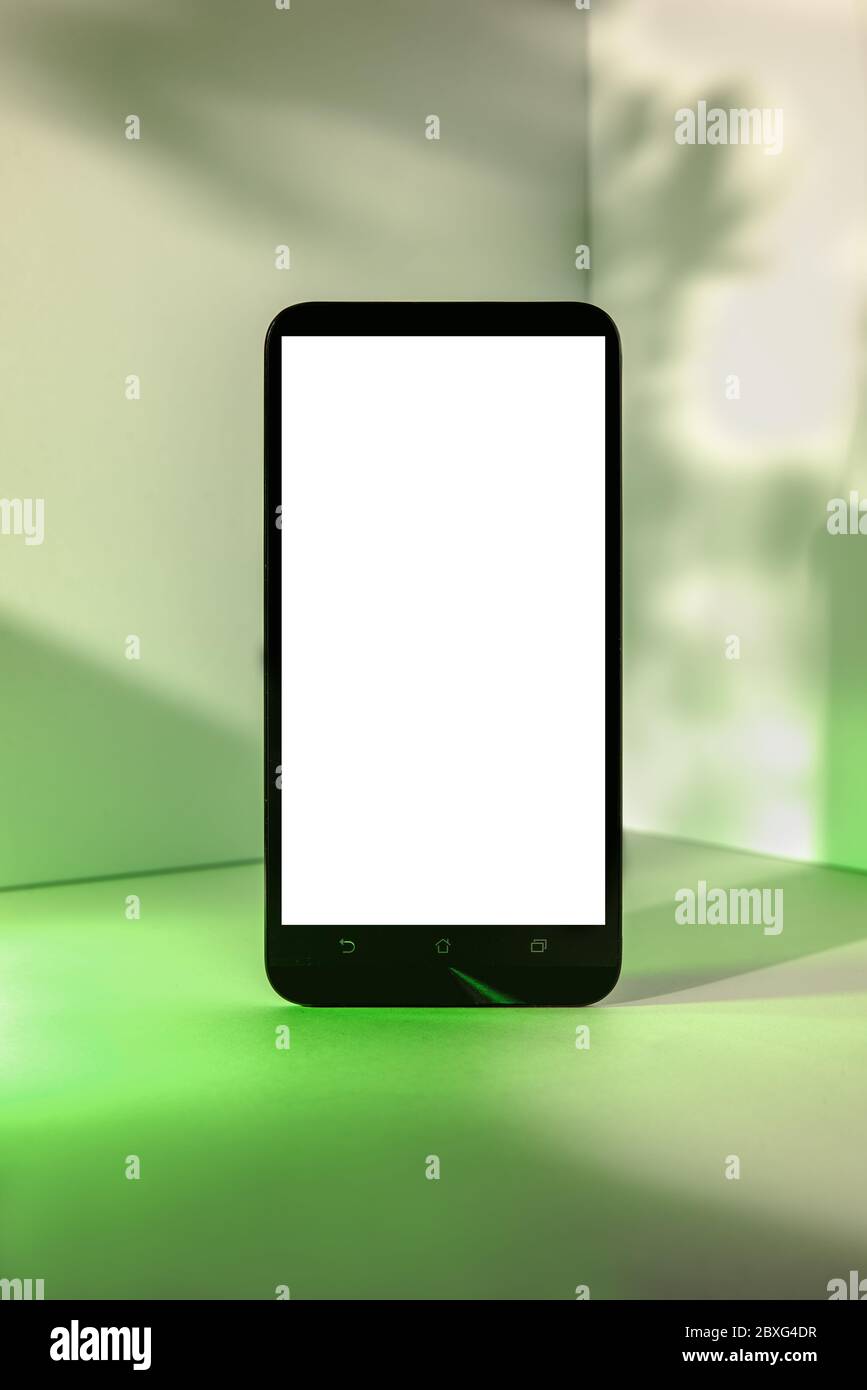 Minimalist modern smartphone mockup for presentation, in perspective front of the corner angle of the wall, with green abstract and plant shapes on ba Stock Photo